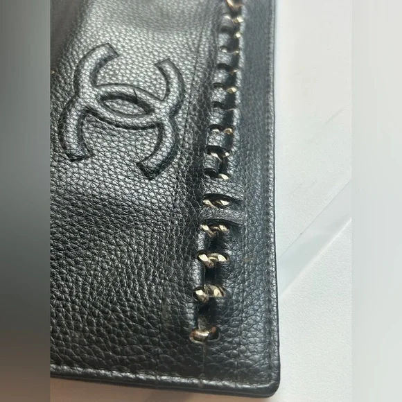 Vintage Chanel CC Logo Black Caviar Leather Wallet Designer Authentic Trifold - Picture 8 of 14